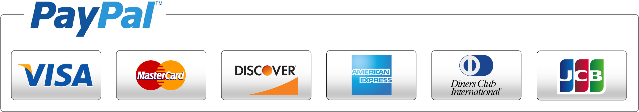 PayPal accepts Visa, Mastercard, Discover, American Express, Diners Club, JCB